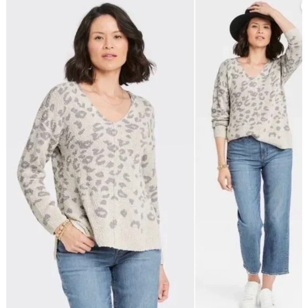 Knox Rose Leopard Print Boucle Textured Pullover Sweater Large
